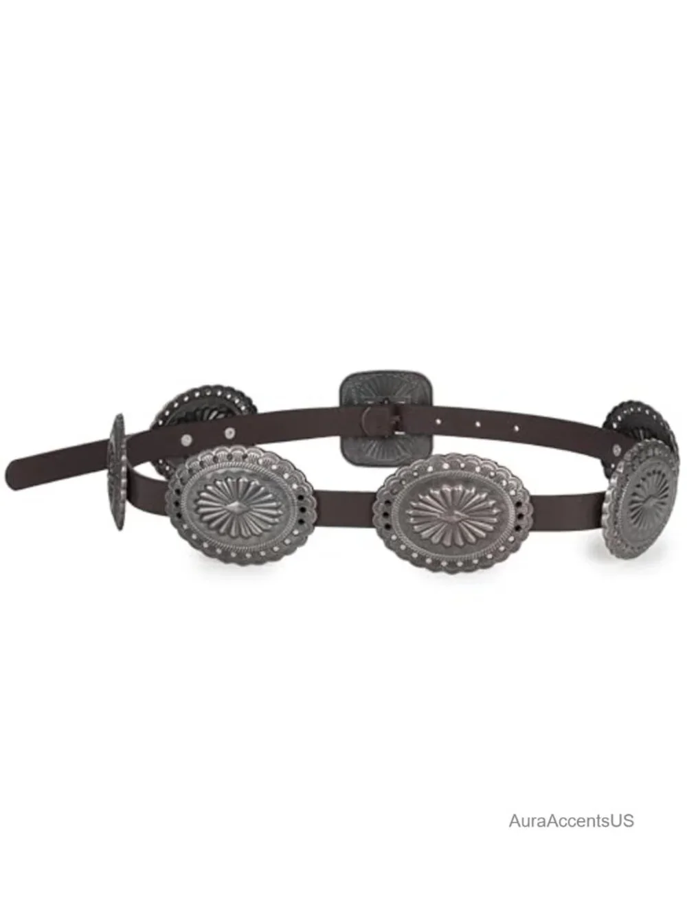 Western Concho Boho PU Leather Belt with Vintage Silver Buckle for Jeans Dresses